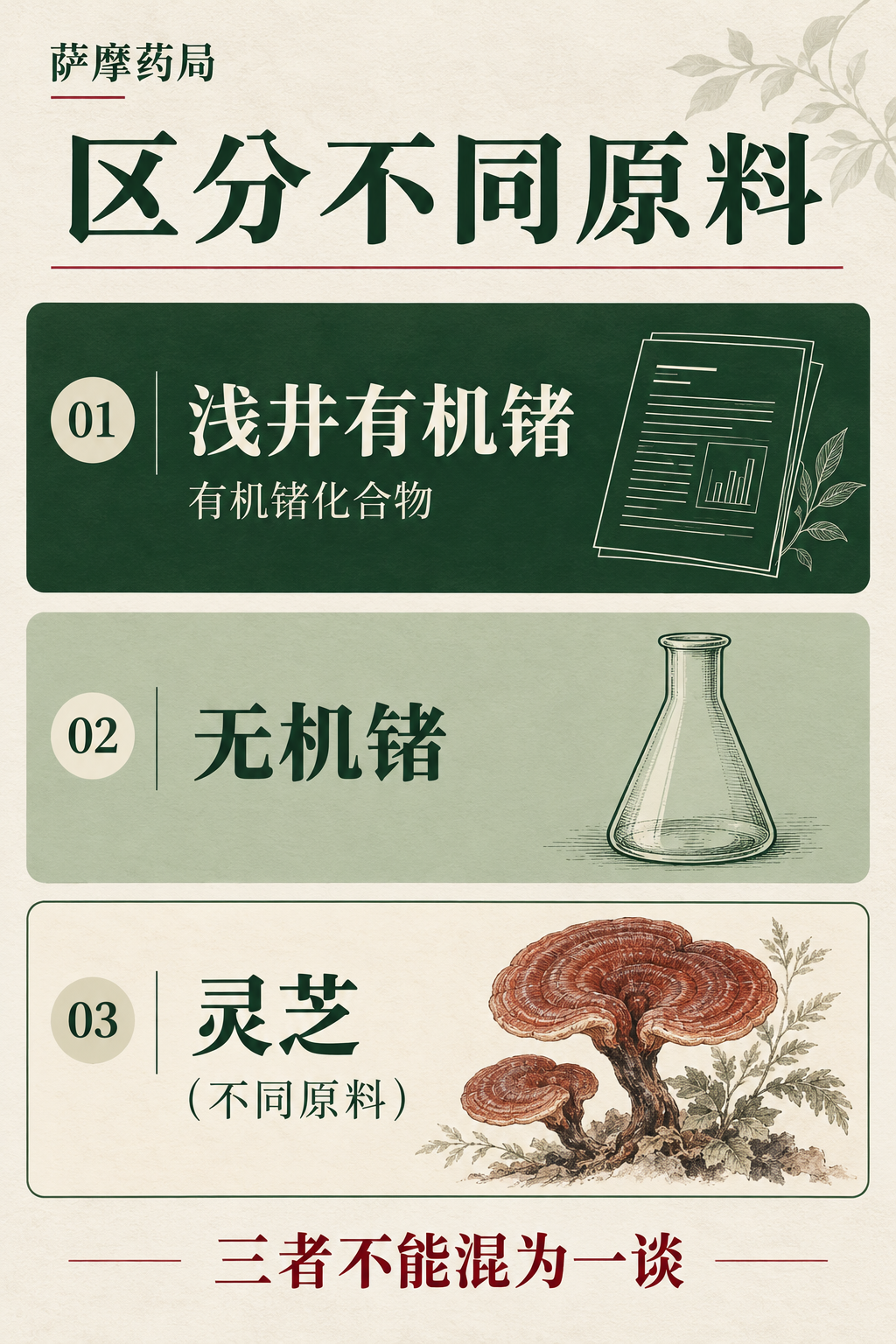 区分不同原料:浅井有机锗、无机锗和灵芝,三者不能混为一谈。