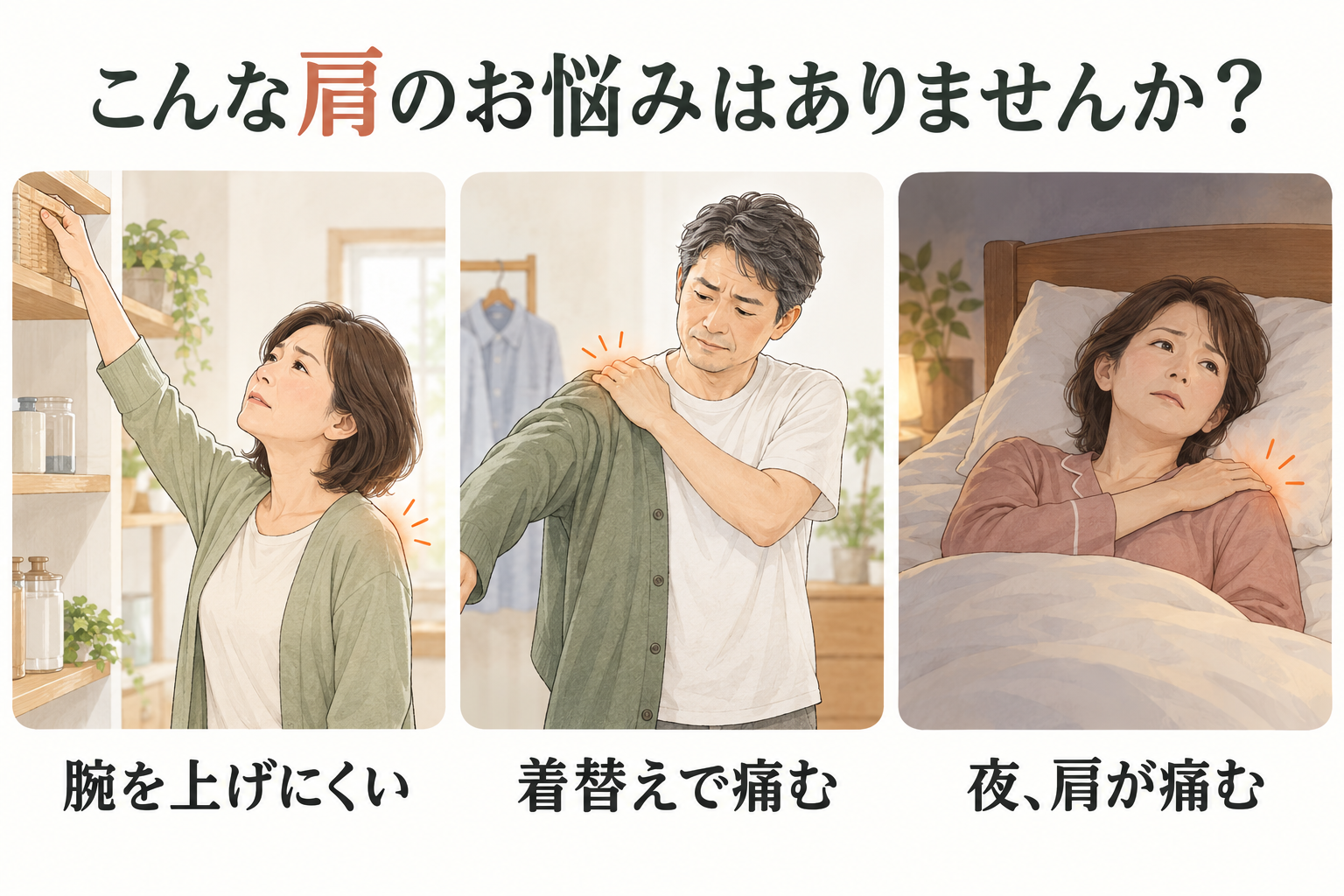 腕を上げにくい、着替えで痛む、夜に肩が痛むという三つの肩の悩み