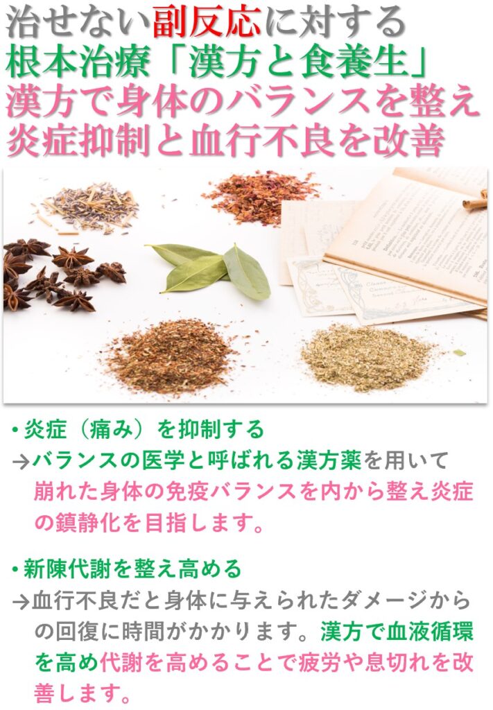 漢方治療の基本は血液の改善、循環の改善、炎症体質の改善。個人個時に合わせた生薬で身体のバランスを整え「痛み・だるさ・息切れ」の緩和を目指します。