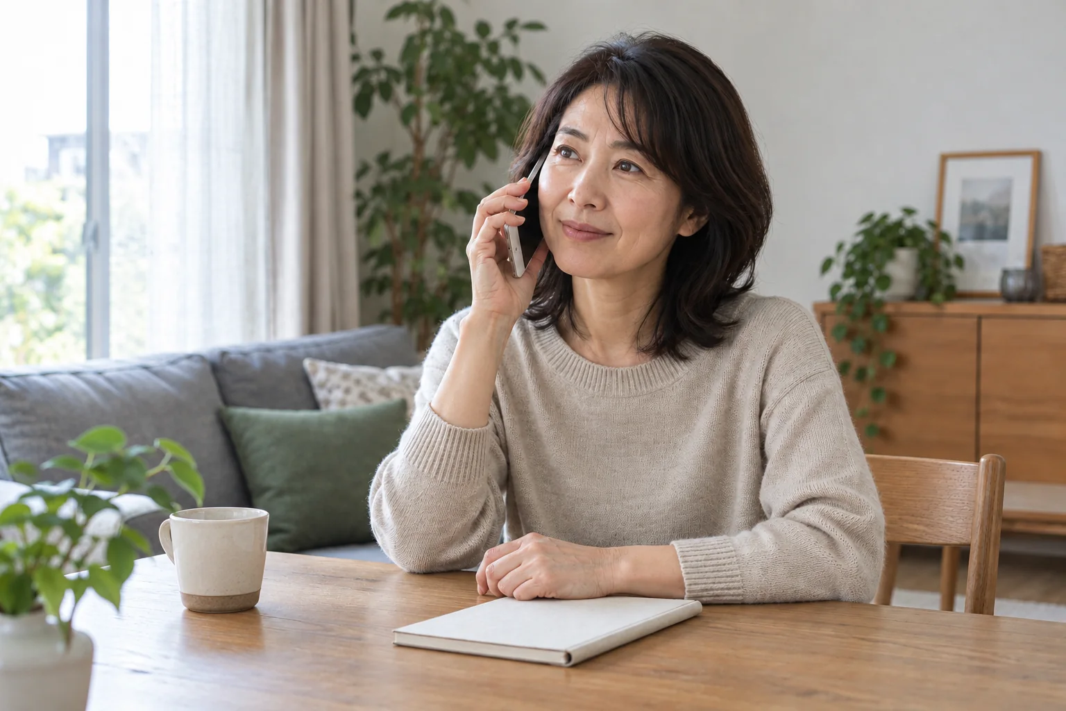 自宅で落ち着いて電話相談をする女性