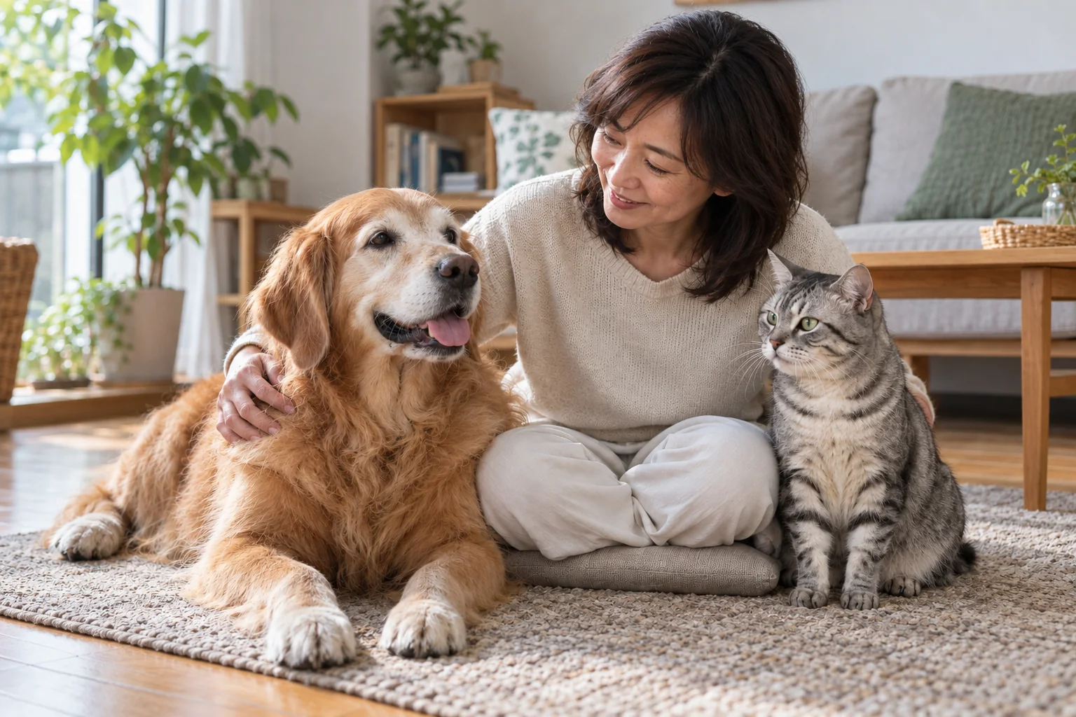 飼い主に寄り添って穏やかに過ごす犬と猫
