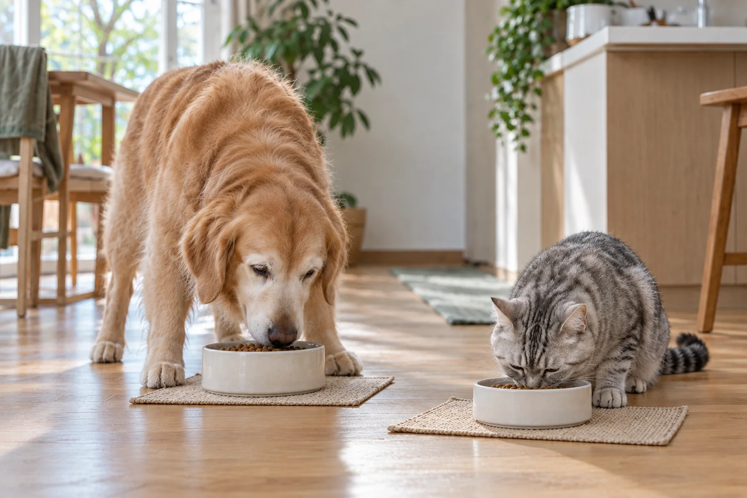 それぞれの食器で毎日の食事を楽しむ犬と猫