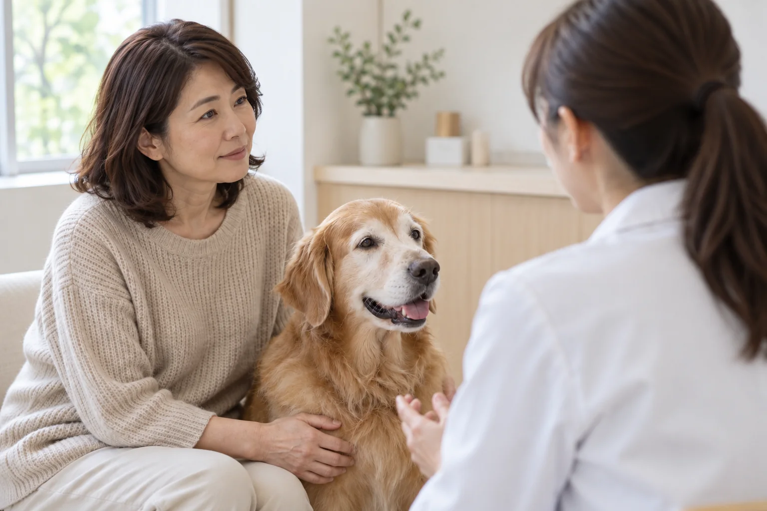 愛犬の健康について獣医師と相談する飼い主