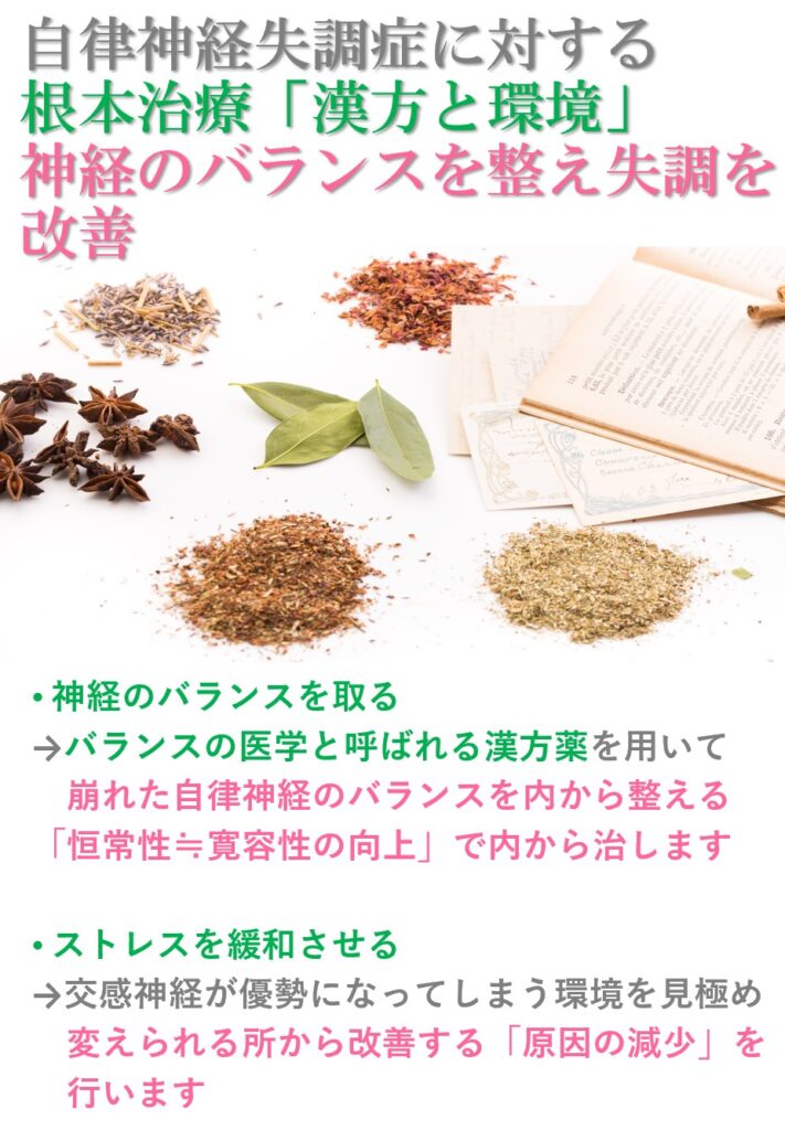 自律神経の失調に対する漢方療法は「身体の内側からバランスを整える：寛容性」を高めつつ、原因となるストレスの発散及び低減を行います。