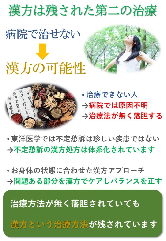 病院では不調の原因が解らないと言われると治療方法が無く落胆する方が多いです。しかし、不定愁訴に対する残された治療方法に漢方薬治療があります。