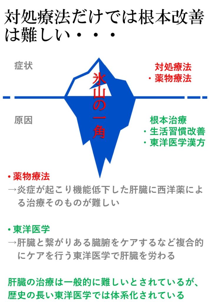 肝機能障害は症状の対処を行いながら、原因となった根本にアプローチすることも大切です。