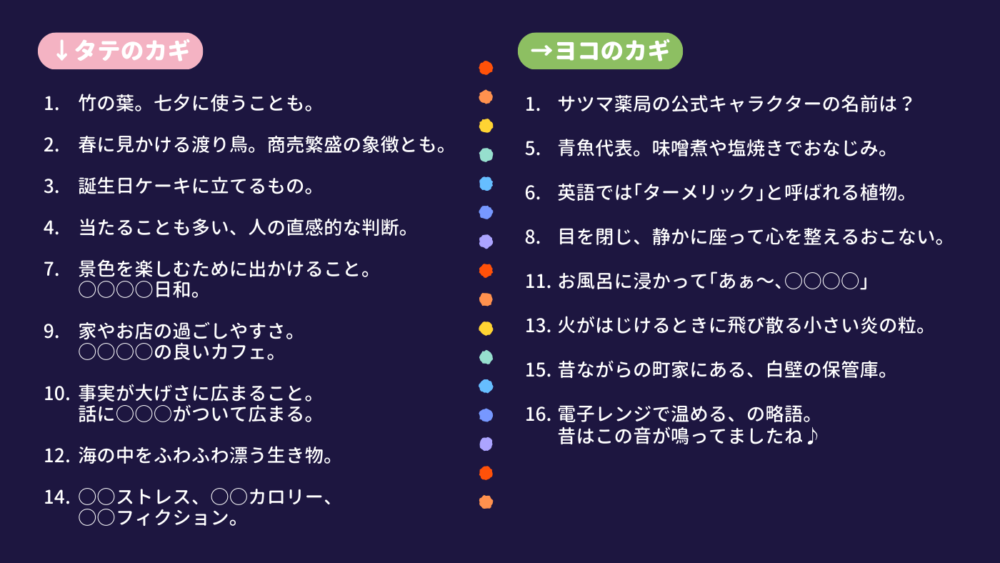 たてのカギとよこのカギから答えのフルーツを見つけてね！答えのフルーツの横の数字がクーポンコードになるよ