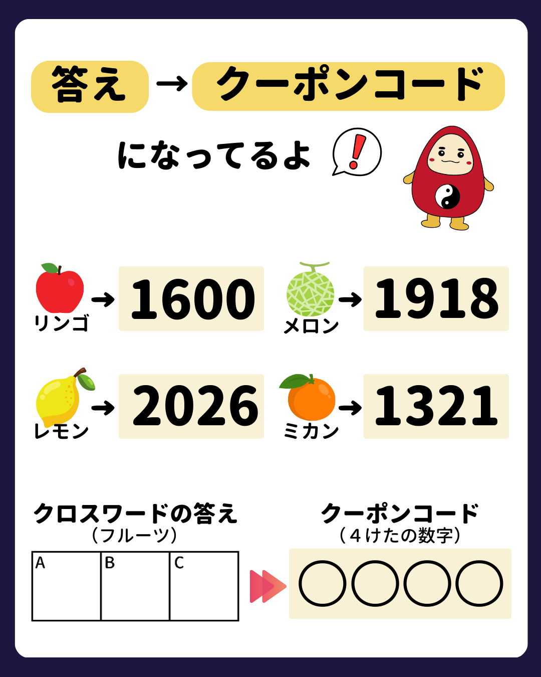 答えのフルーツの横の数字がクーポンコードだよ！