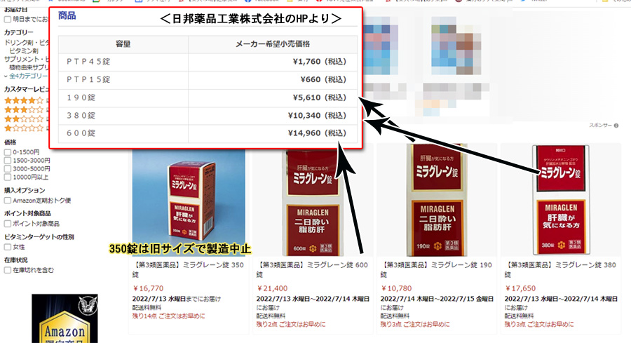 ミラグレーン定価とAmazon価格