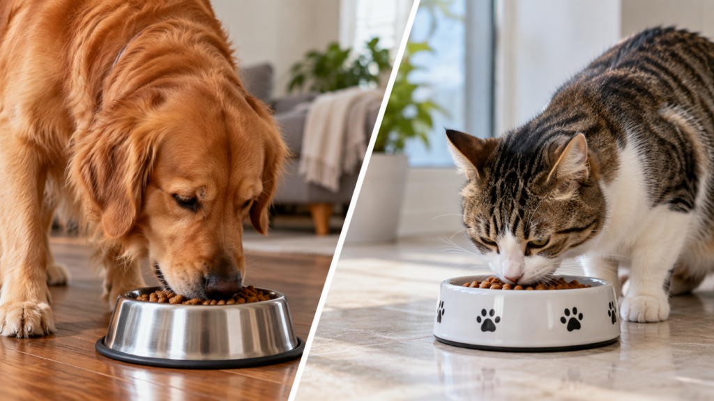 犬と猫のほのぼの食事タイム