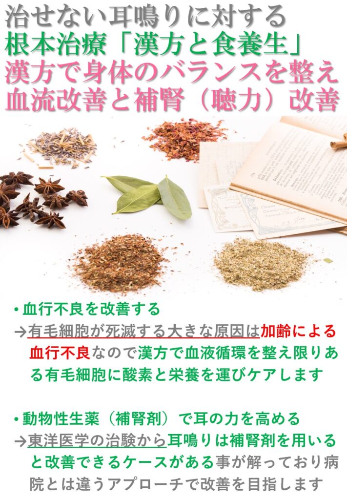 耳鳴り対する漢方薬治療：古くから東洋医学では「補腎」というアプローチで耳鳴りを改善します。さらに血液循環の改善により残り少ない有毛細胞を守ります。